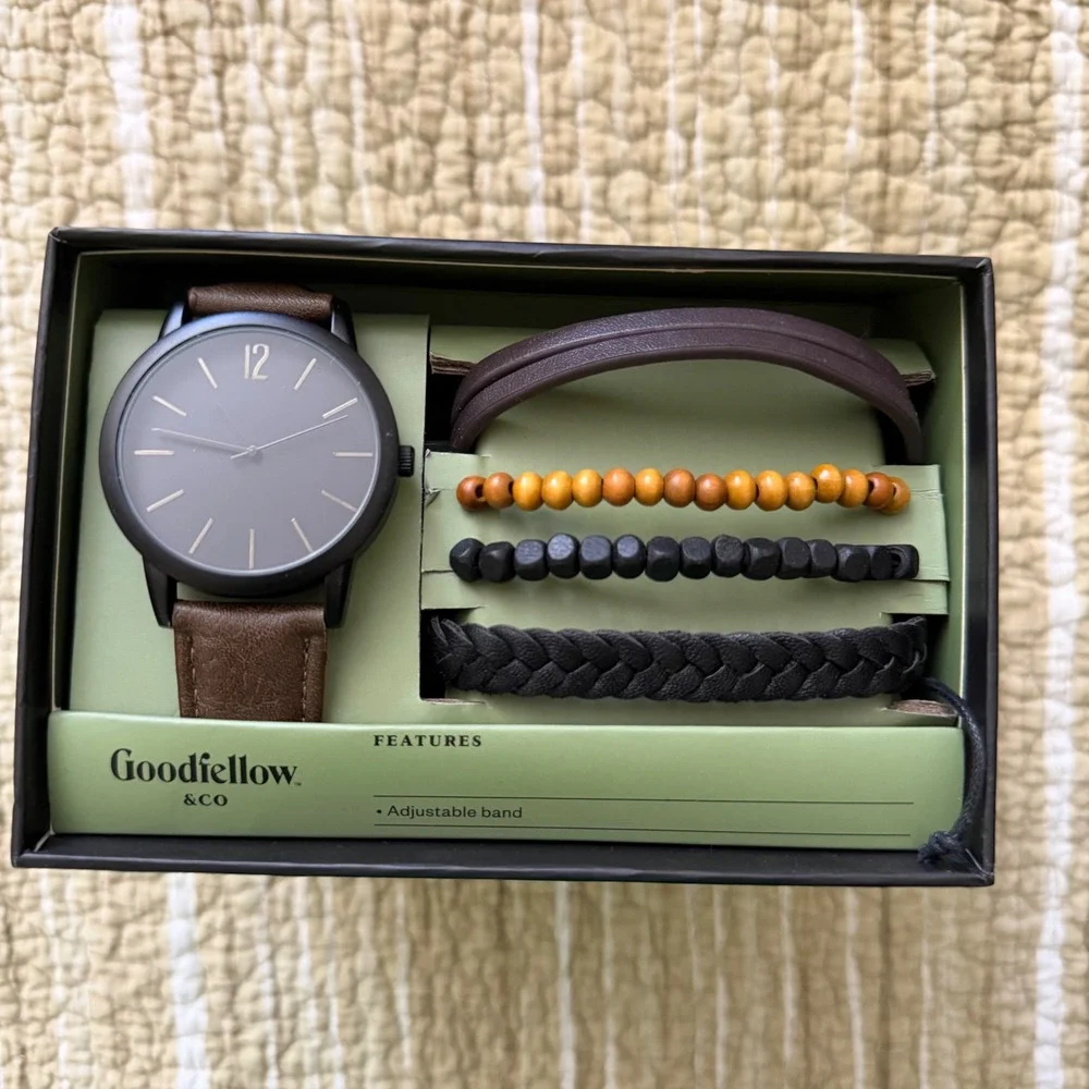 Goodfellow & Co Mens Watch and Bracelet Gift Set Brown Black Minimalist 5 Piece